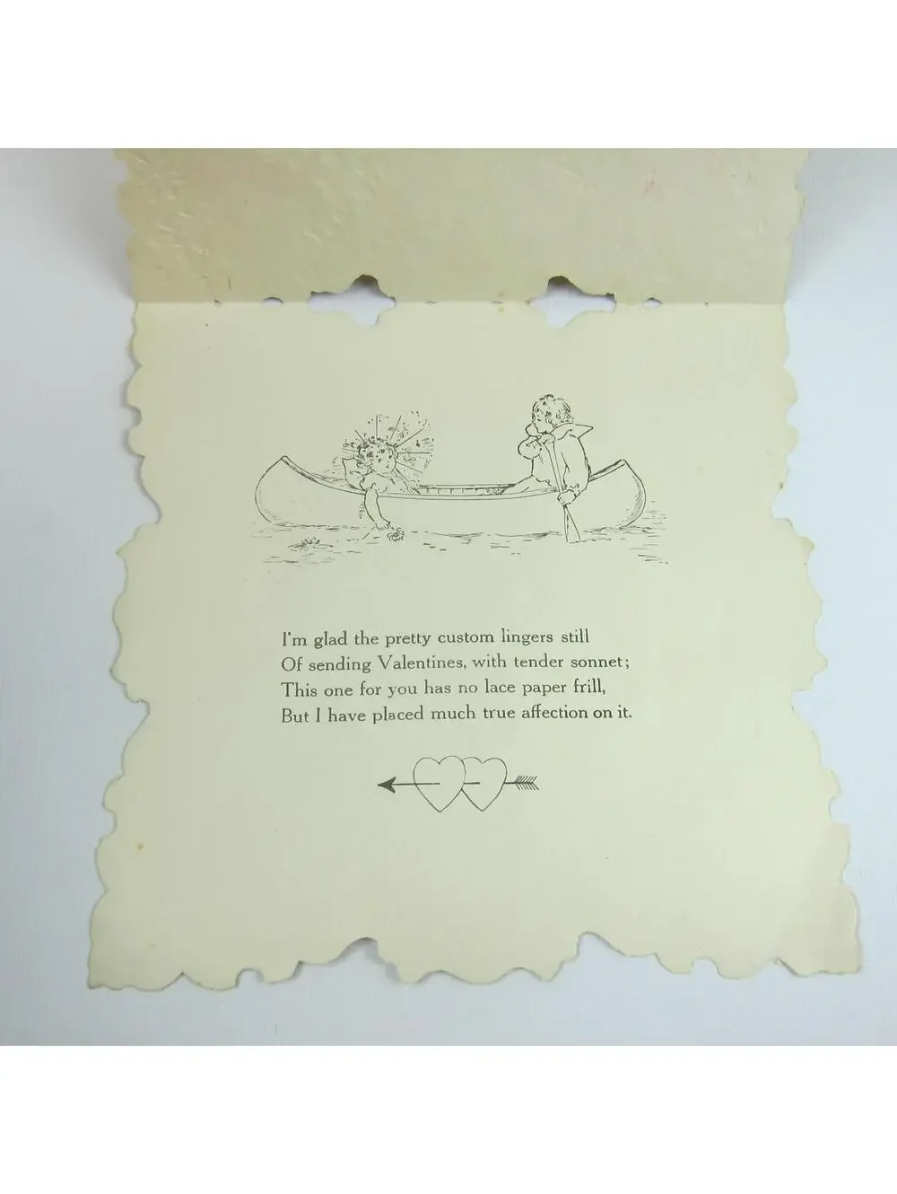 Antique Valentine Die cut Farm House Trees Flowers Cupid Boy Girl Canoe Embossed